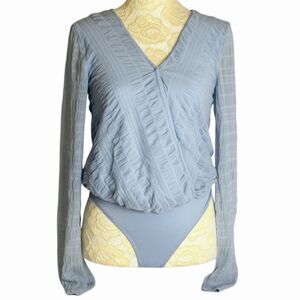 SO Mesh Puckered Bodysuit Shirt Top Blouse Wrap Sheer Blue S